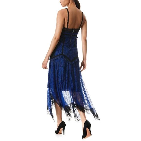 Alice + Olivia Opal Lace Handkerchief Dress Black Blue Size 6 Midi Lace Ruffle - Picture 3 of 12